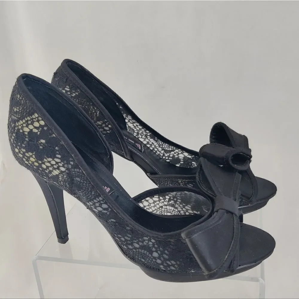 Steve madden Vale Sz 6 Giant Bow Black Lace D'Orsay Platform Stiletto Peep Heels